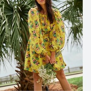 Sue Sartor Floral Yellow Chiffon Mini Dress